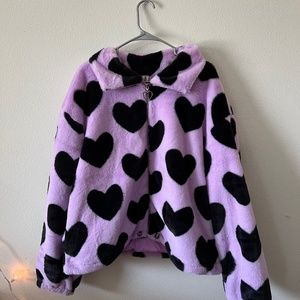 Purple and Black Heart Print Fuzzy Zip Up